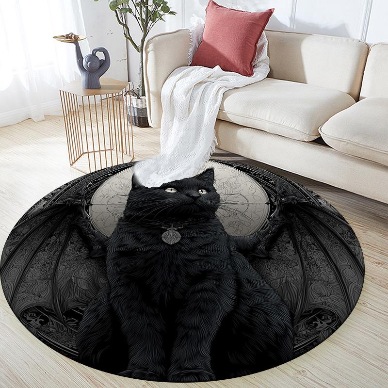 Winged Black Cat,Round Area Rug,Carpet Rug for Living Room Bedroom Sofa Playroom Decor,Non-slip Floor Mat