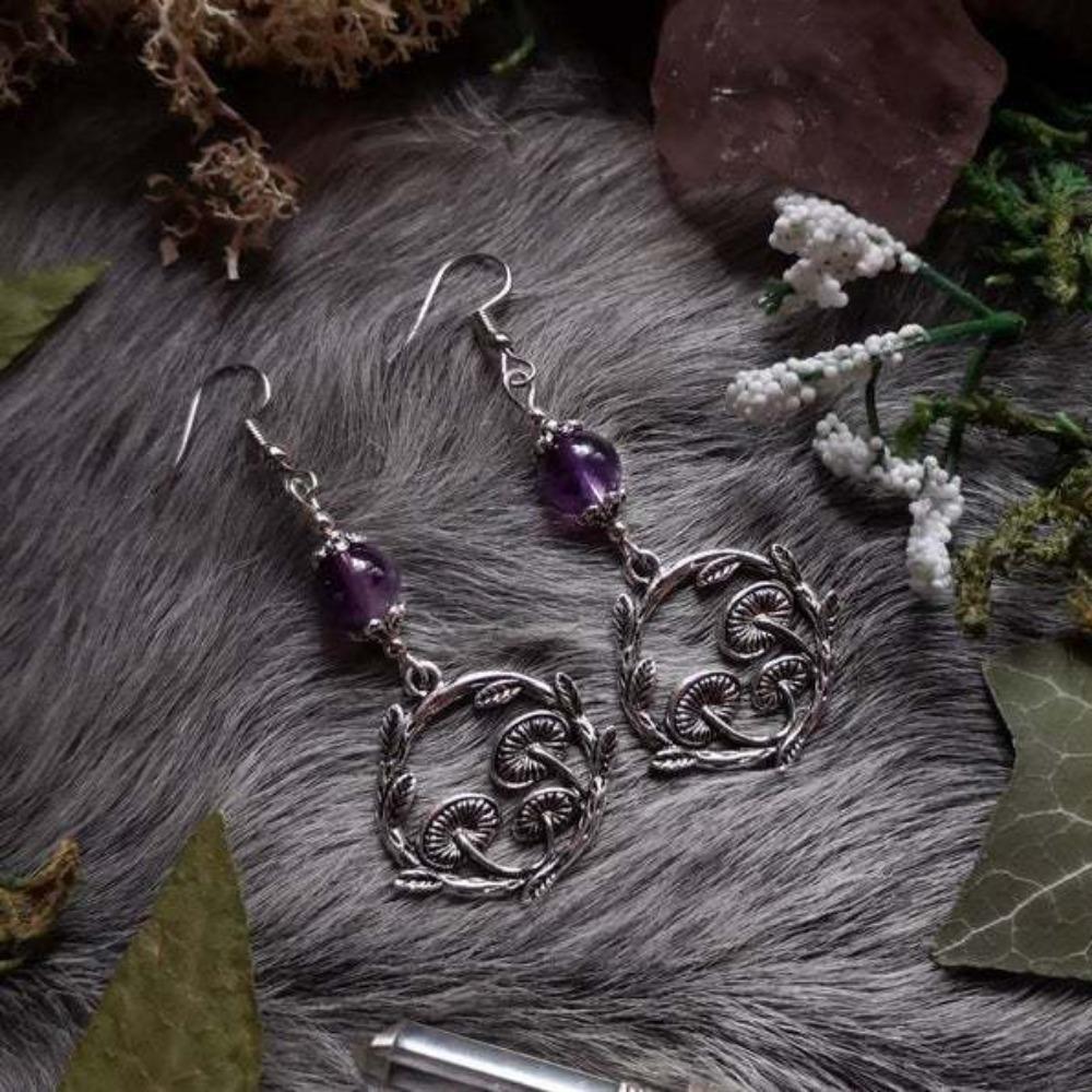 Gothic Retro Sliver Color Amethyst Bead Mushroom Vine Geometry Large Circle Pendant Dangle Earrings for Women Heathen Jewelry