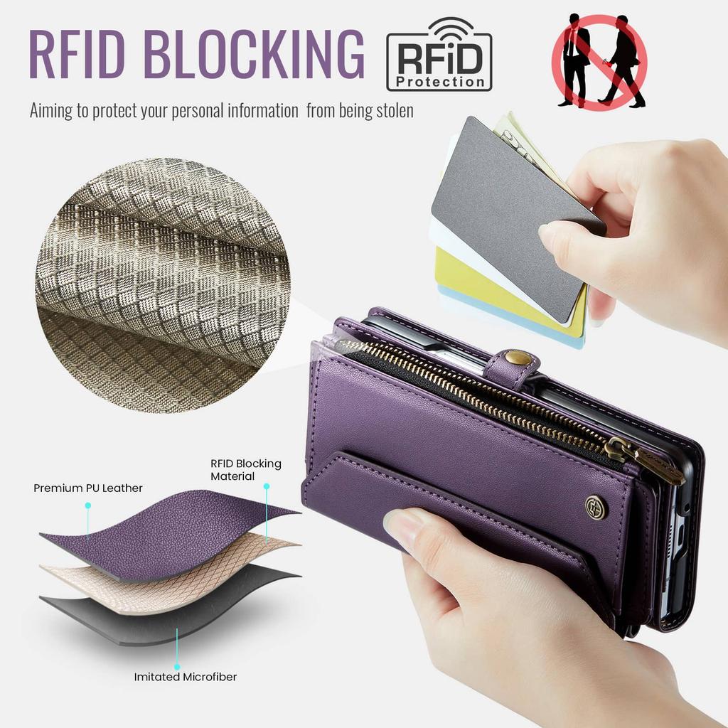Suitable for Samsung Galaxy Z Fold 7 Case with Pen Holder, RFID Blocking Wallet Case with Card Holder Zipper Strap PU Leather