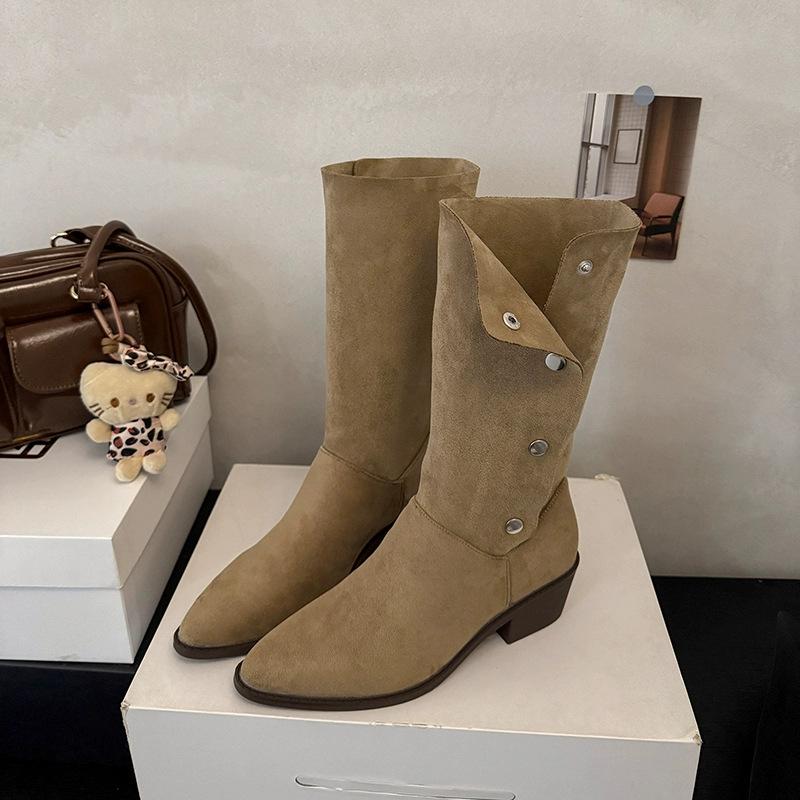 Cowhide version short boots women's folded western short boots women's autumn and winter pointed thick heel thin fashion boots