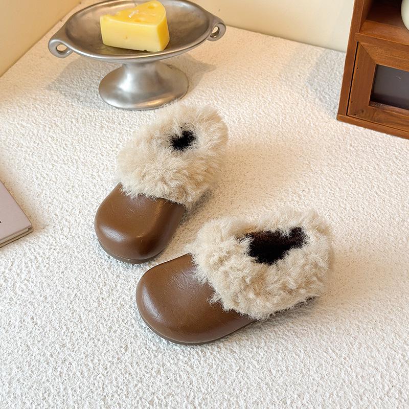 Pantoufles d'hiver en cuir et fourrure pour femmes 2025, Semelles épaisses style Birkenstock, Chaussures chaudes en coton doublées de velours