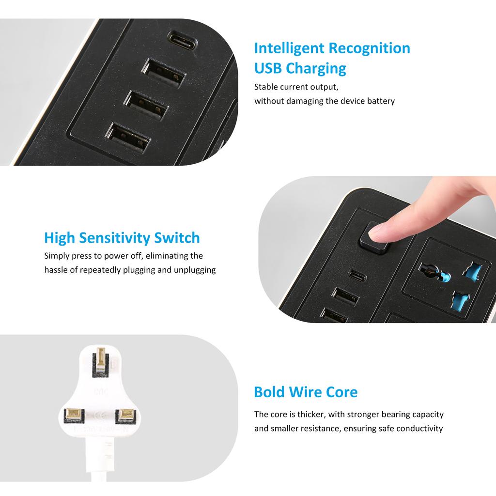 Smart strømlist med 6 overspenningsbeskyttelsesuttak, 3 USB-porter og 1 TypeC-port Multiport Smart