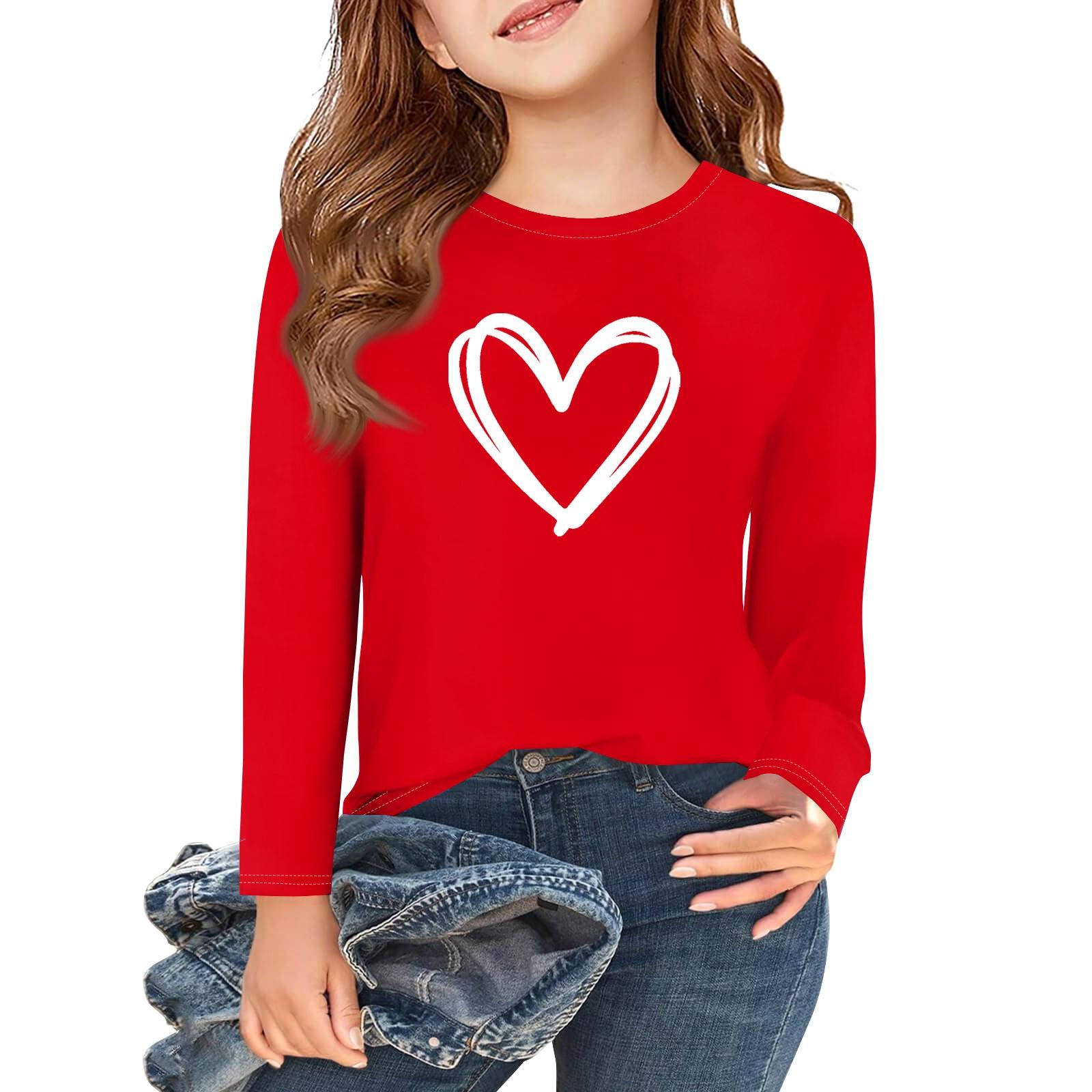 

Футболки с длинным рукавом для девочек Love ко Дню святого Валентина, детские осенние топы с круглым вырезом, базовые футболки для детей 5-14 лет 120 винный