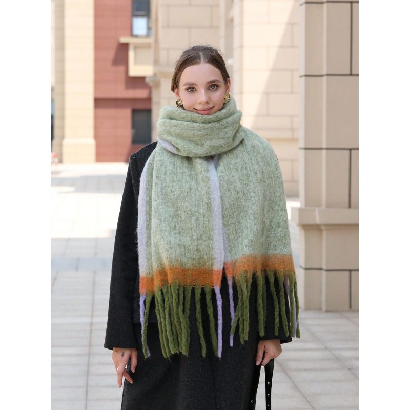 

Шарф из шерсти морского конька с цветными блоками, женский зимний удлиненный и утолщенный теплый шарф