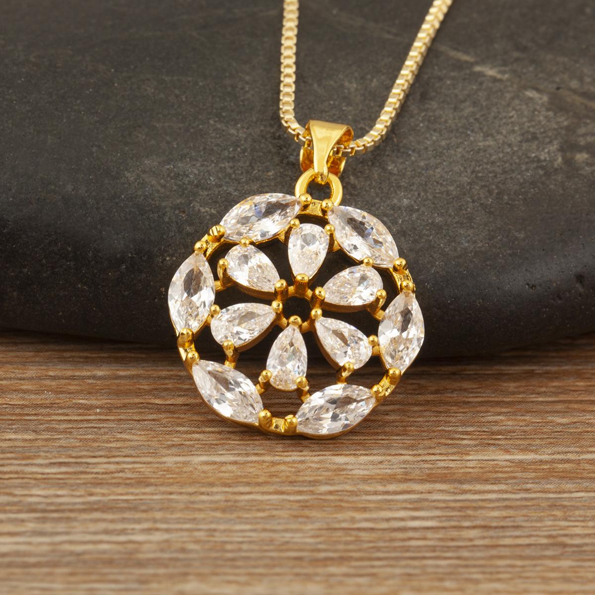 

Nidin Light Luxury Trendy Water-drop/Heart Crystal Zircon Flower Pendant Necklace For Women Female Round Shape Delicate Jewelry