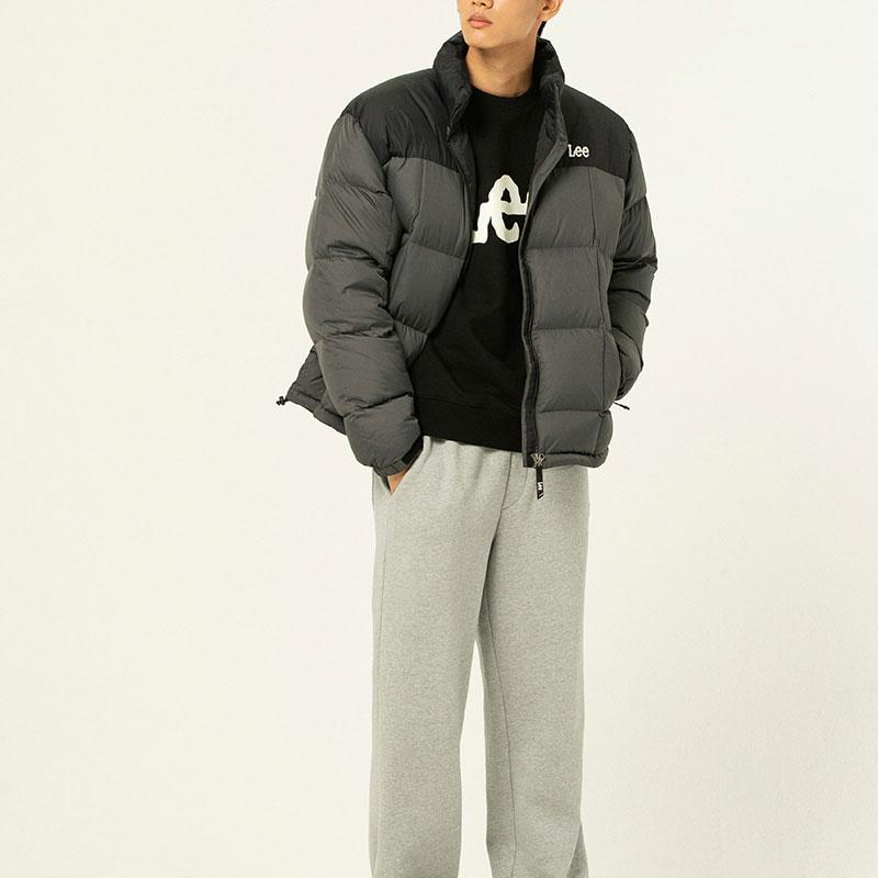 Lee Color Block Stand Collar Zipper Square Duck Down Warm Korean Style Down Jacket Unisex Outerwear Dark-Gray LE2304DP02DG