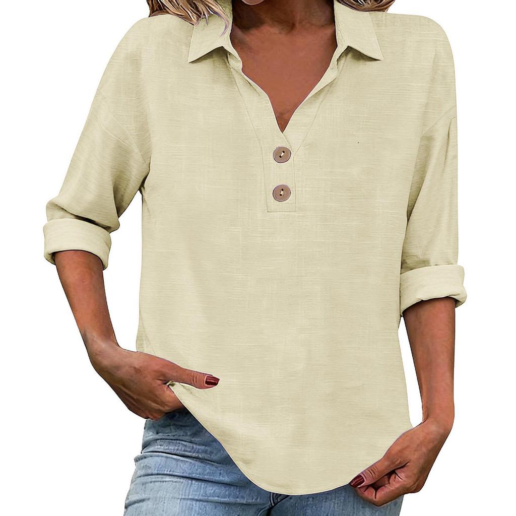 Women's Seven-Sleeve Cotton Linen Lapel Shirt - Solid Color, Casual, Breathable