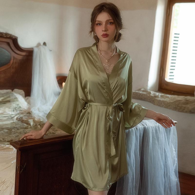 Women's Sexy Pajamas: Ice Silk Swaying Collar, Luxurious Mesh Suspender Nightgown with Outer Robe