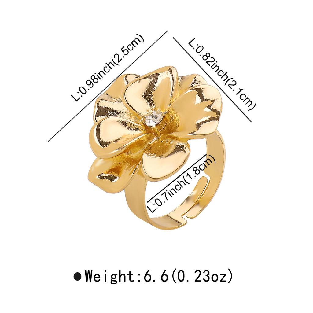 Women French Minimalist Design Metal Flower Stud Earrings Elegant Double Layer Flower Rhinestone Necklace Ring Jewelry