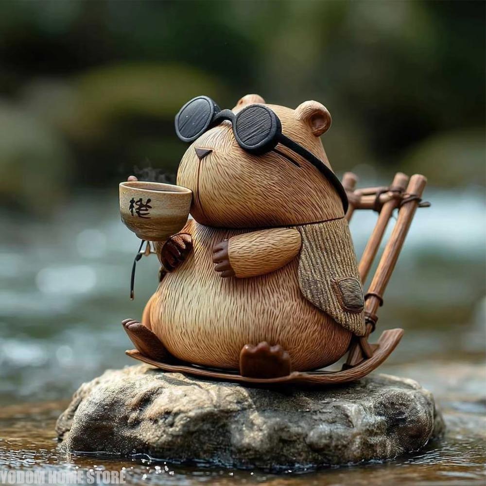 Lovely Tea Drinking Capybara Resin Statue, Small Animal Ornament for Bookshelf, Windowsill Household Display