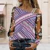 Plus Size Women Asymmetric Shoulder Long Sleeve Top Retro Flower Blossom Print Mesh Lace Splicing Blouse