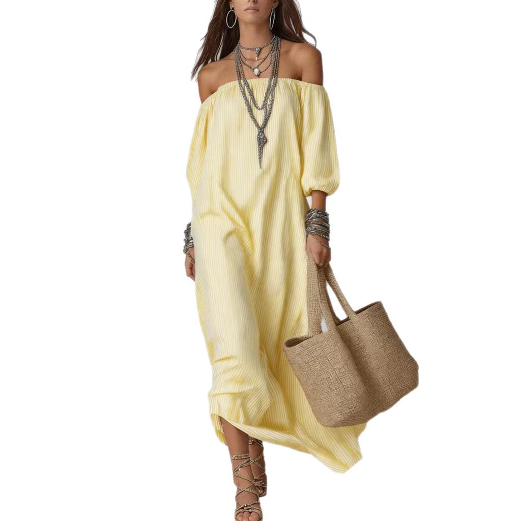 New Spot European and American Spring and Summer Elegant Striped Off-the-shoulder Loose Vacation Fashion Temperament Dress Women