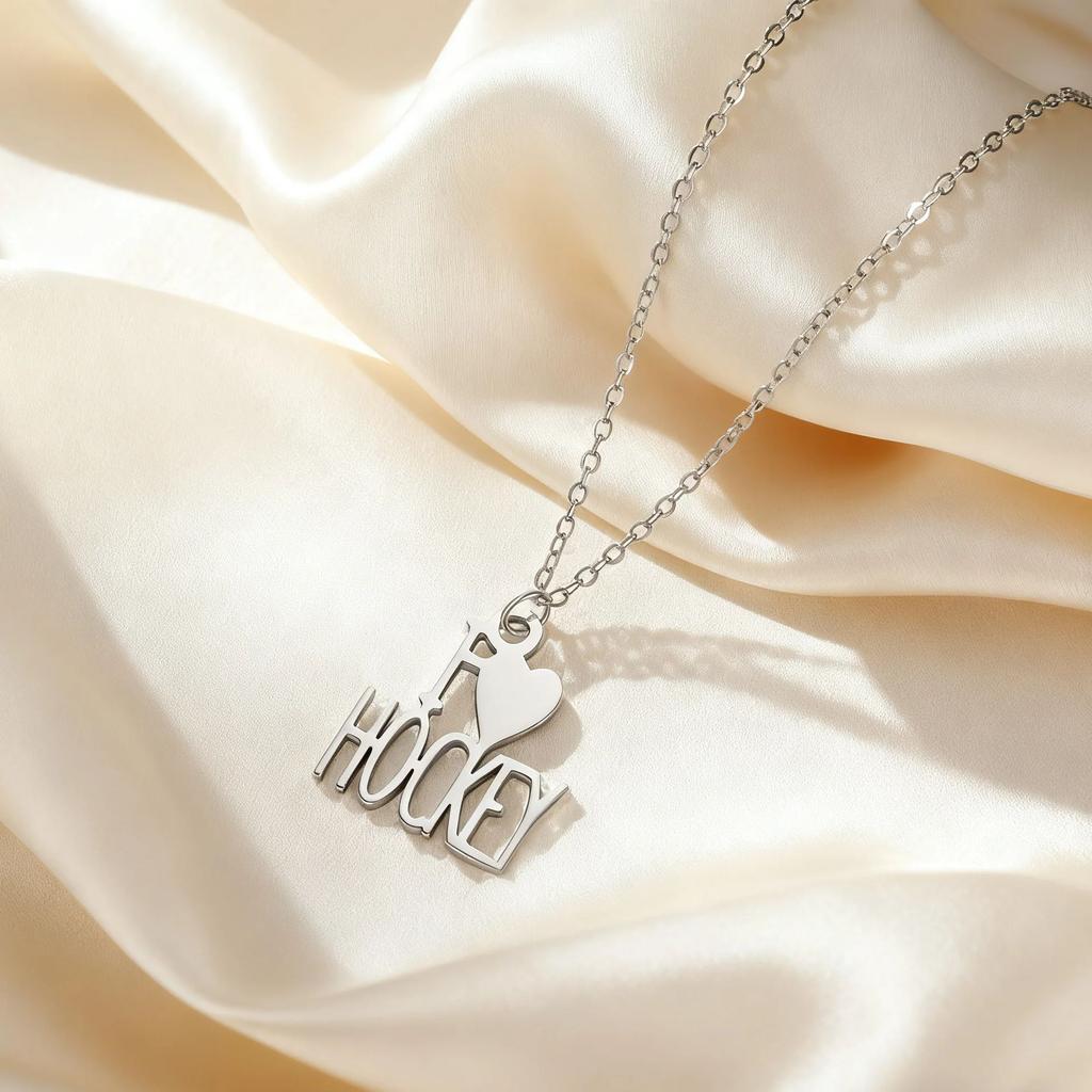 My Shape Fashion Letters I Love Hockey Pendant Necklaces Stainless Steel Heart Charm Chain Choker Jewelry Gifts for Hockey Fans