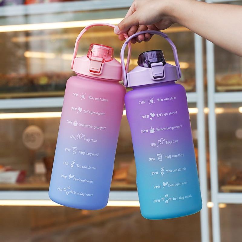 2L Outdoor Large Capacity Sport Water Bottle Creative Plastic Cup Bounce Cover Outdoor Leakproof Straw Cup with Time Marker