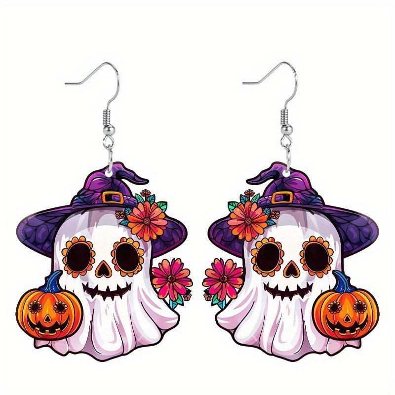 Ghost Themed Halloween Pumpkin Flower Pattern Women Alien Earrings Acrylic