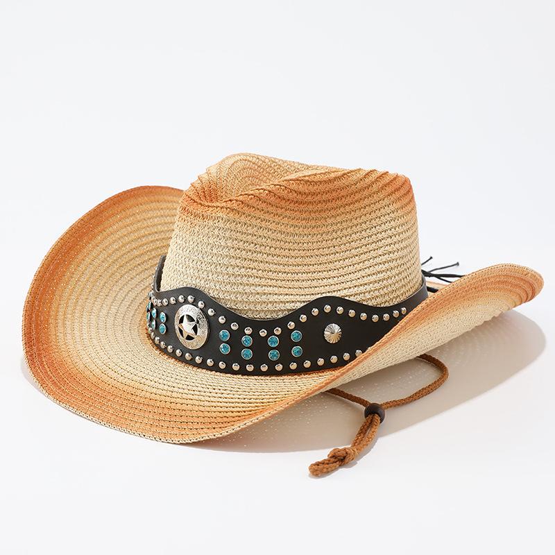 Ethnic Style Straw Woven Western Cowboy Hat, Outdoor Beach Sunshade Sunscreen Hat, Summer Travel Photo Big Edge Straw Hat