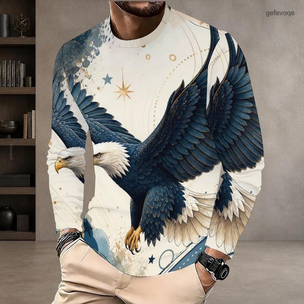Men Plus Size Round Neck Long Sleeve T Shirt American Eagle Flag Printed Red Blue White Pullover