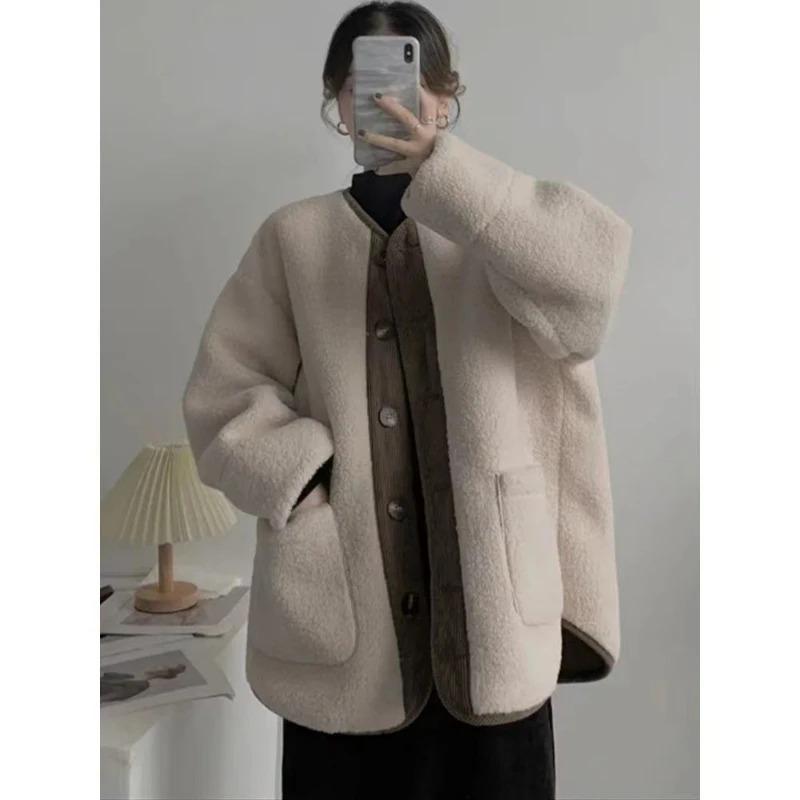 Winter Thick Contrasting Retro Loose Women's Clothing Round Neck Mid Length Cardigan Trend All-match Chic Coats