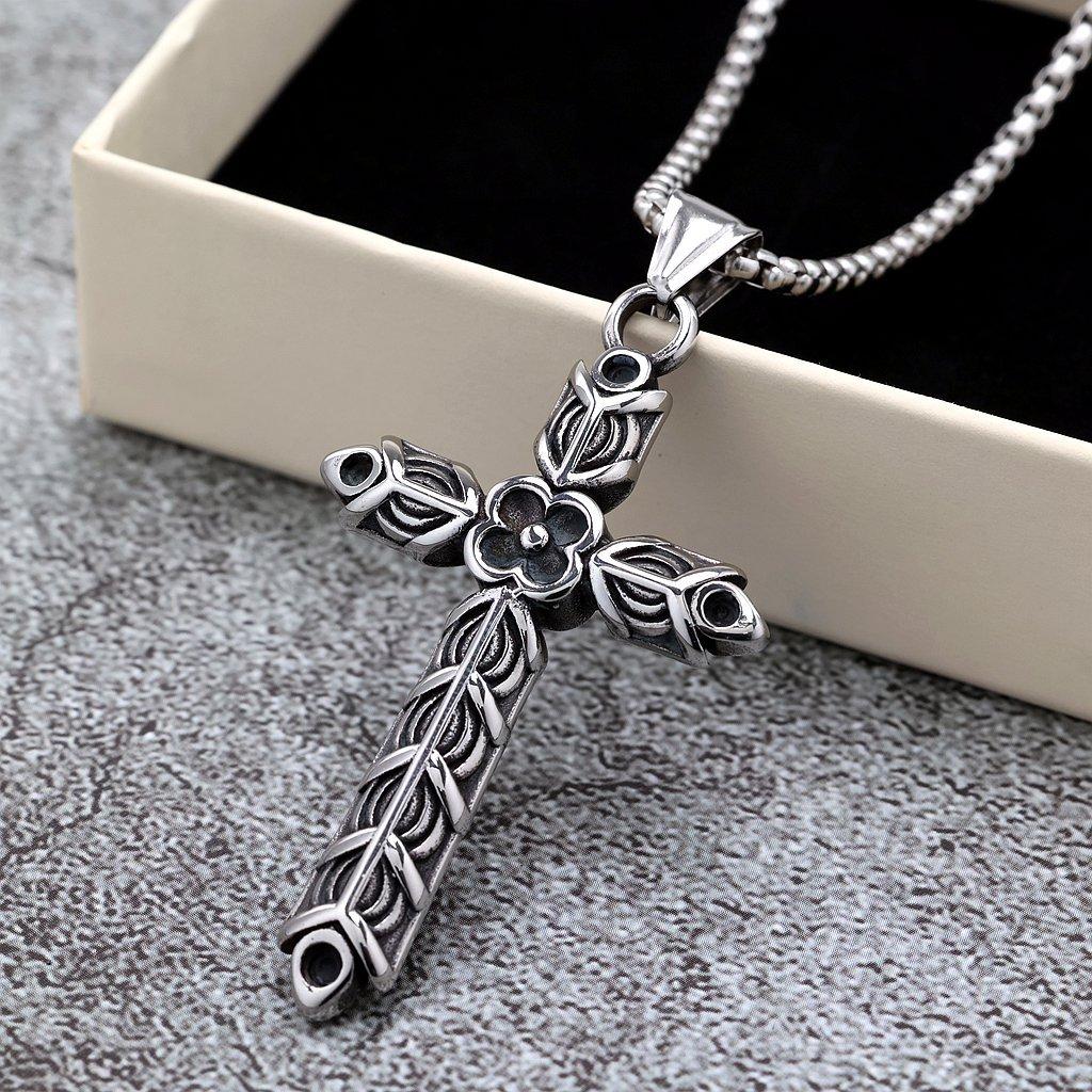 Vintage Solid Stainless Steel Double Sided Engraved Cross Pendant Unisex Necklace