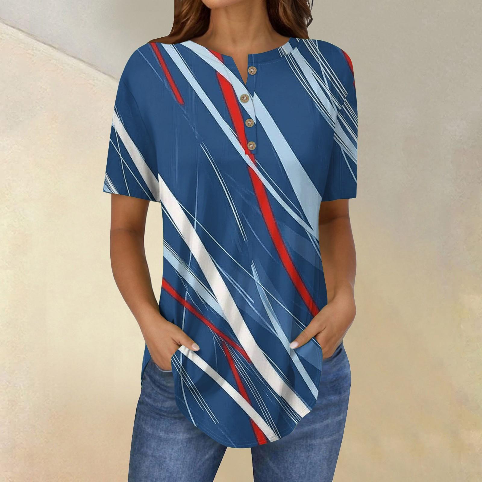

Short Sleeve Womens Tops Summer T-Shirts Print V Neck Casual Basic Tee Button Shirts Tunic Tops Independence Day L