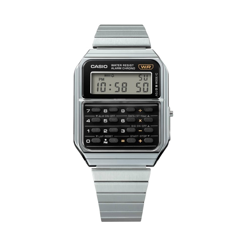 Casio CA500WE-1A Taschenrechneruhr Silbernes Armband Unisex Großes Schwarzes Zifferblatt 43,2×34,4×8,2mm Klassisch