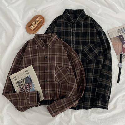 Women Shirt Lapel Long Sleeve Plaid Print Shirt Tops with Pockets Single Breasted