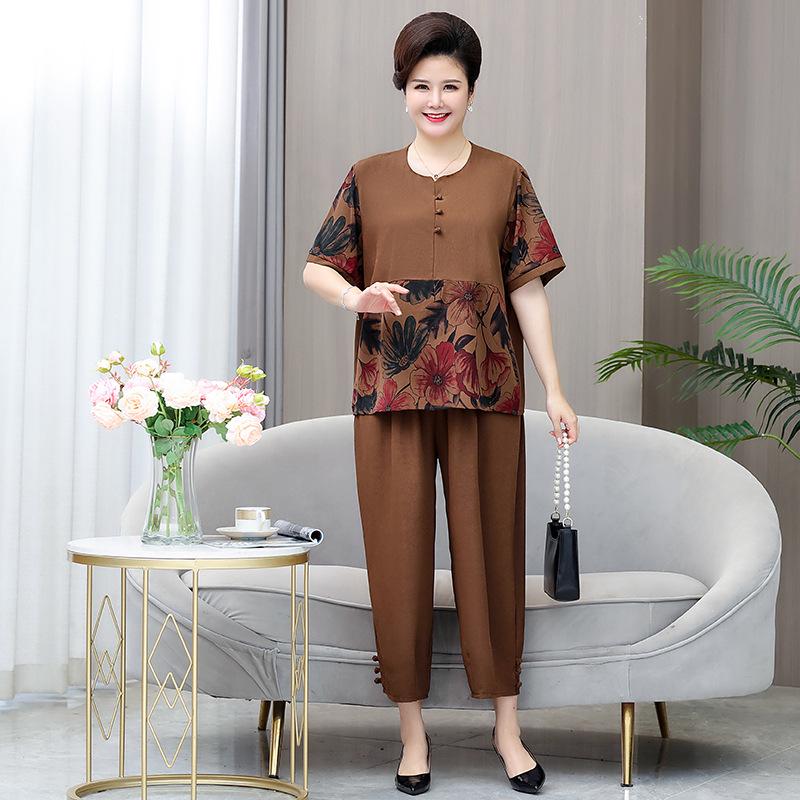 Set de vară cu mânecă scurtă pentru femei de vârstă mijlocie și în vârstă - ținută lejeră de slăbire din două piese