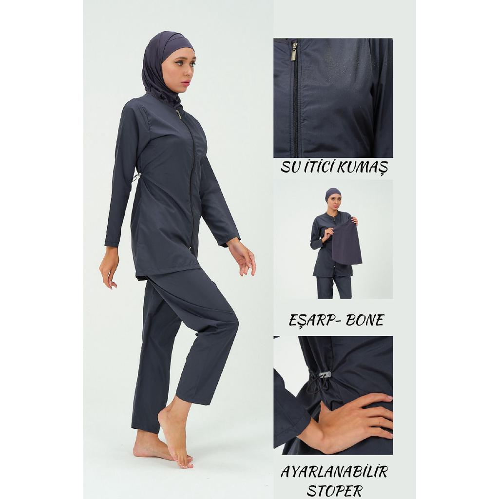 Costum de baie hijab de culoare solidă pentru femei Pantaloni Bonetă eșarfă tunică Set complet 4 piese Costum de baie hijab hidrofug
