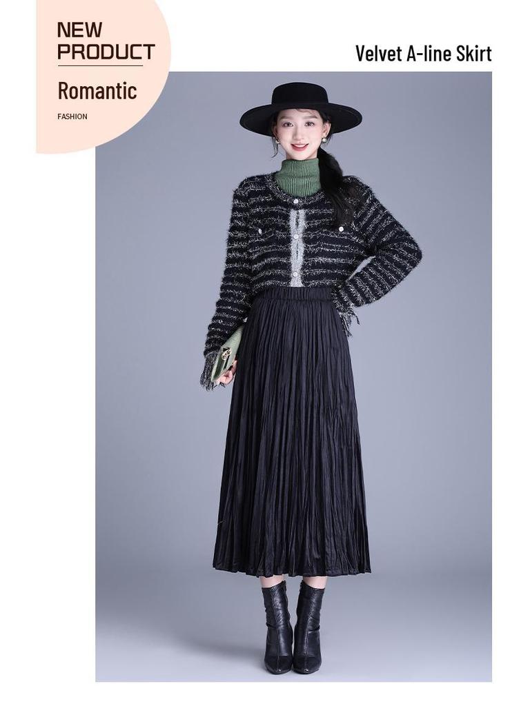 Elegant 2025 Autumn Women’s A-line Pleated Skirt with Elastic Waist – Korean Style