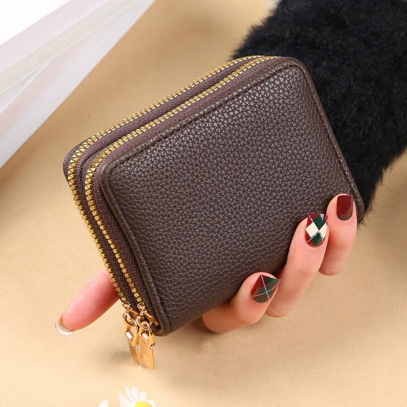 Rfid Card Holder Double Zipper Women Wallet Pu Leather Organ Card Bag Purse Large Capacity Multi-Solt Bank Card Cover Business Card Clip With Window