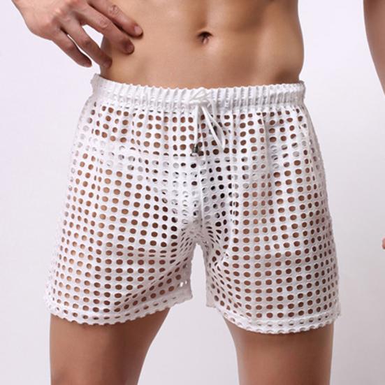 Erotic Men Solid Color Mesh See Through Hollow Out Drawstring Shorts Beach Pants
