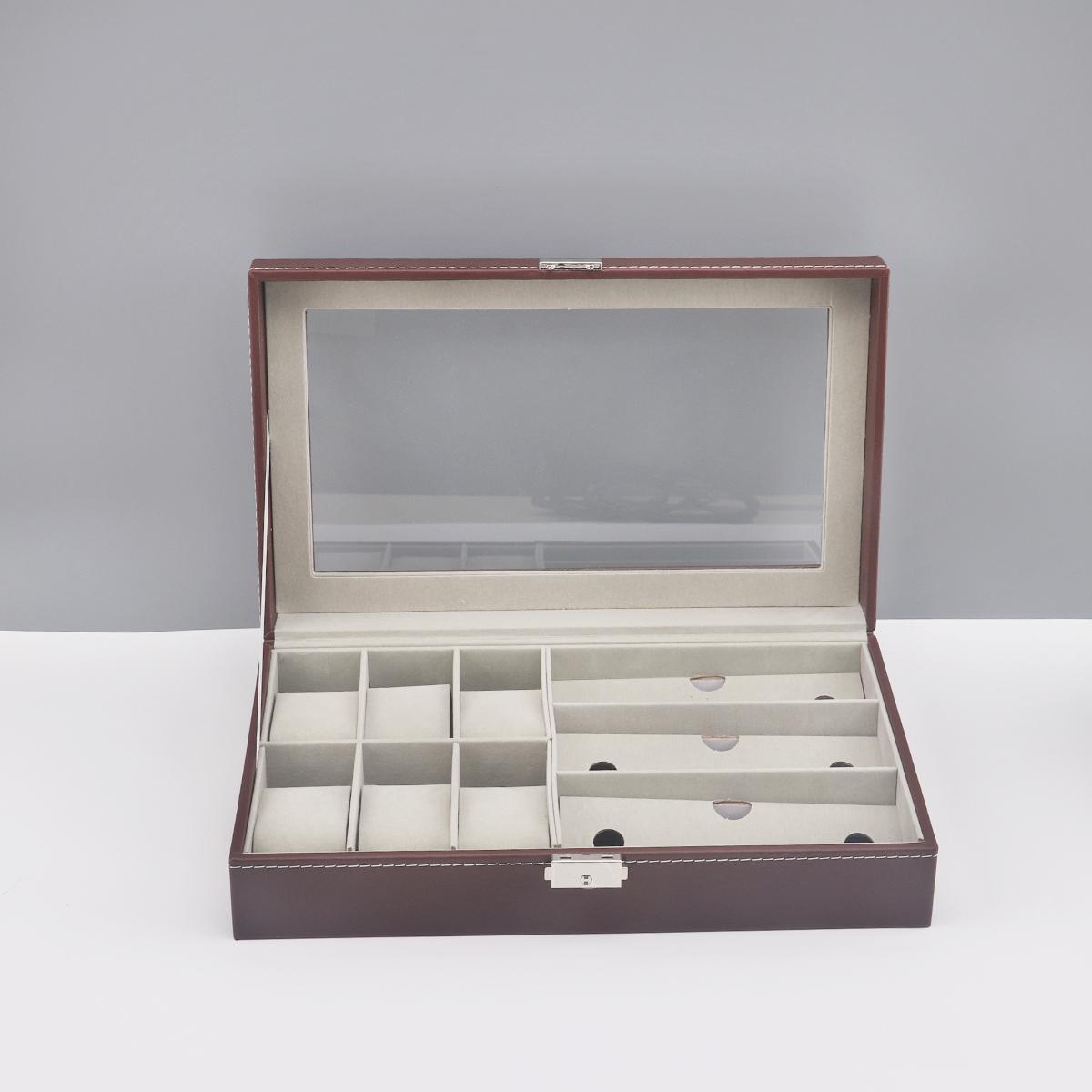 

6+3 слота PU кожаный органайзер для часов солнцезащитных очков коробка дисплей держатель чехлы многофункциональное и эффективное хранение для мужчин и женщин коричневый