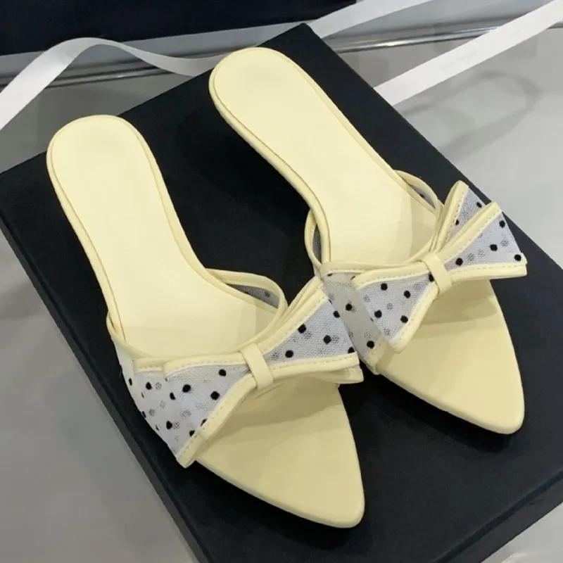 Fashion Elegant Mesh Polka Dot Bow Design Women Slippers Sexy Open Toe Kitten Heel Slide Sandals Fashion Pointed Toe Zapatos De Mujer