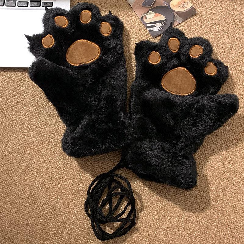 Cute Cartoon Bear & Cat Paw Plush Winter Gloves for Women and Students - Fleece Lined, Neck Hanging, Cold-Proof, Trendy for Cycling