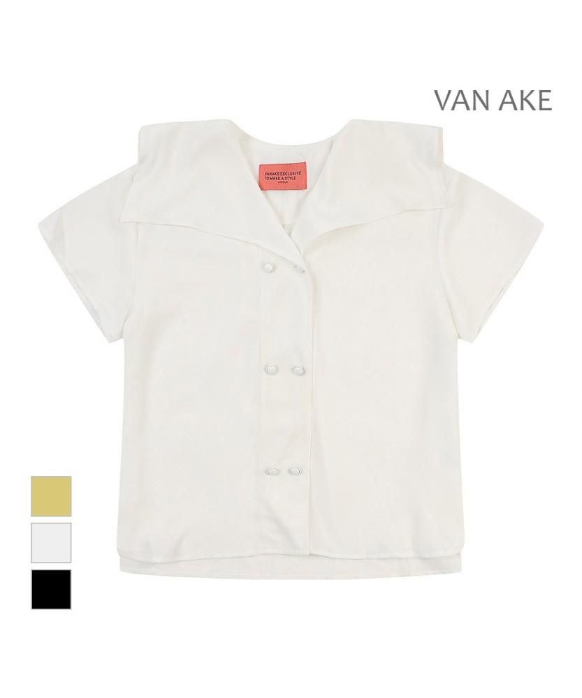 VANAKE Big Collar Double Button Short Sleeve Blouse_Vb35Blud01Z