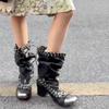 Square Toe Lace-Up Bow Pleated Fashion Boots Vintage Big Barrel Wrap Block Heel Stack Mid-Barrel Boots for Women