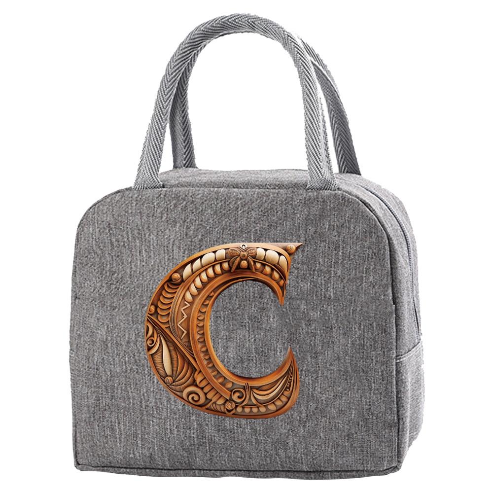 Portable Food Insulation for Traveling Wood Art Letter Printing Box Picnic Waterproof Oxford Zipper Insulation Lunch Bag