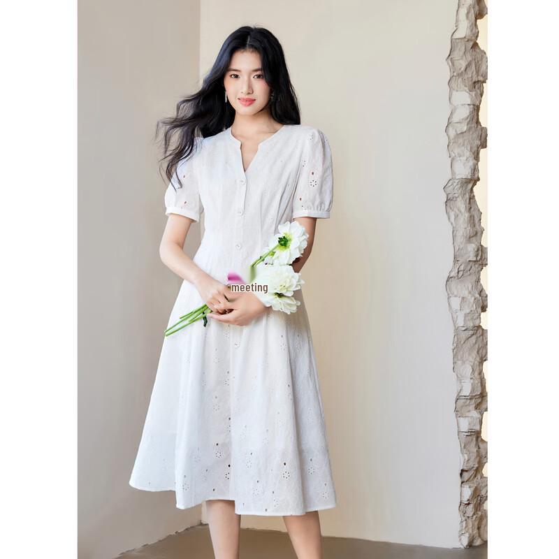 Qiushe Yiren Women s V-Neck Puff Sleeve Midi Dress S