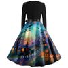 Women's Casual Vintage Halloween Print Square Neck Long Sleeve Dress with Waist Bow Tie Retro Style Flared Skirt