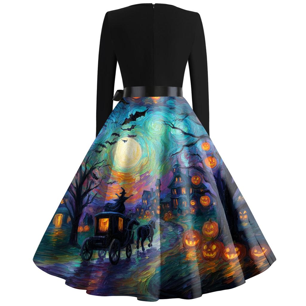 Women's Casual Vintage Halloween Print Square Neck Long Sleeve Dress with Waist Bow Tie Retro Style Flared Skirt