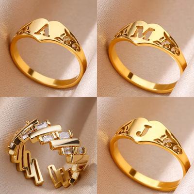 Fashion Hollow Initial Letter Heart Rings For Women Gold Color Stainless Steel A-Z Letter Ring Aesthetic Wedding Jewelry Gift