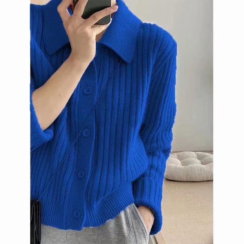 Autumn Women's Sweater Simple POLO Neck Knitted Cardigan Short Solid Color Top
