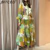 BITCED Frühlings Damen Bedrucktes Laternenärmel Figurbetontes Langarm Vollrock Kleid
