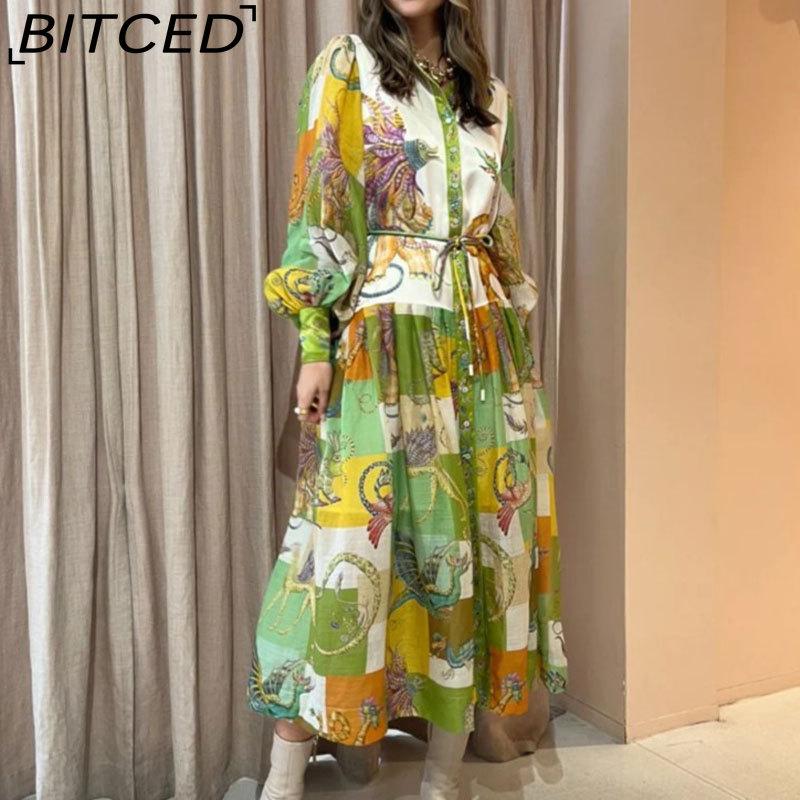 

BITCED Весеннее женское платье с принтом, рукавами-фонариками, приталенное, с длинным рукавом и полной юбкой XXXL зелёный