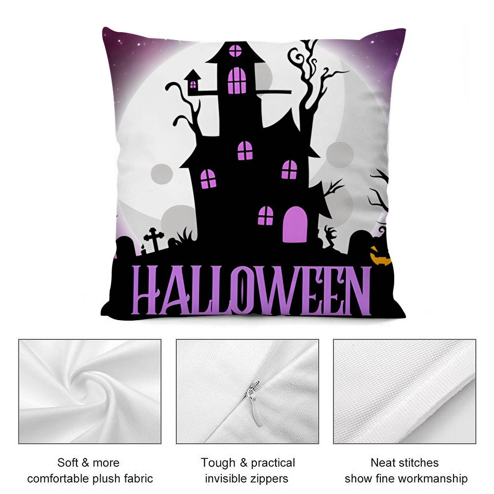 Cute Halloween Kitten Spooky Pillow Case Short Plush Double-Sided Print Square Throw Pillow Covers Sofa Home Cushion Decor
