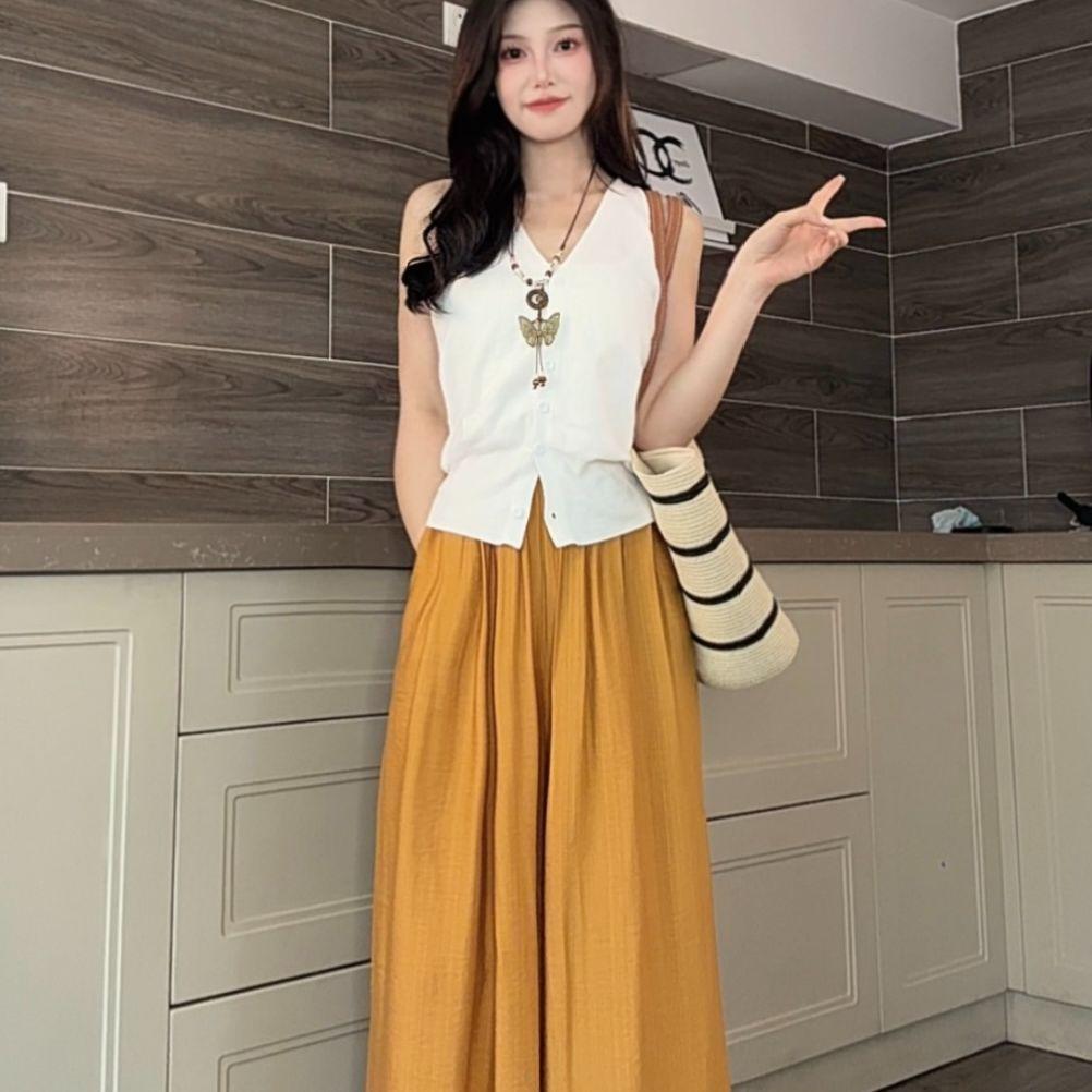 Korean Style Blue High-Waist Wide-Leg Lazy Pants Plus Size Long 9/10 Length Casual Loose Fit Fashion for Women