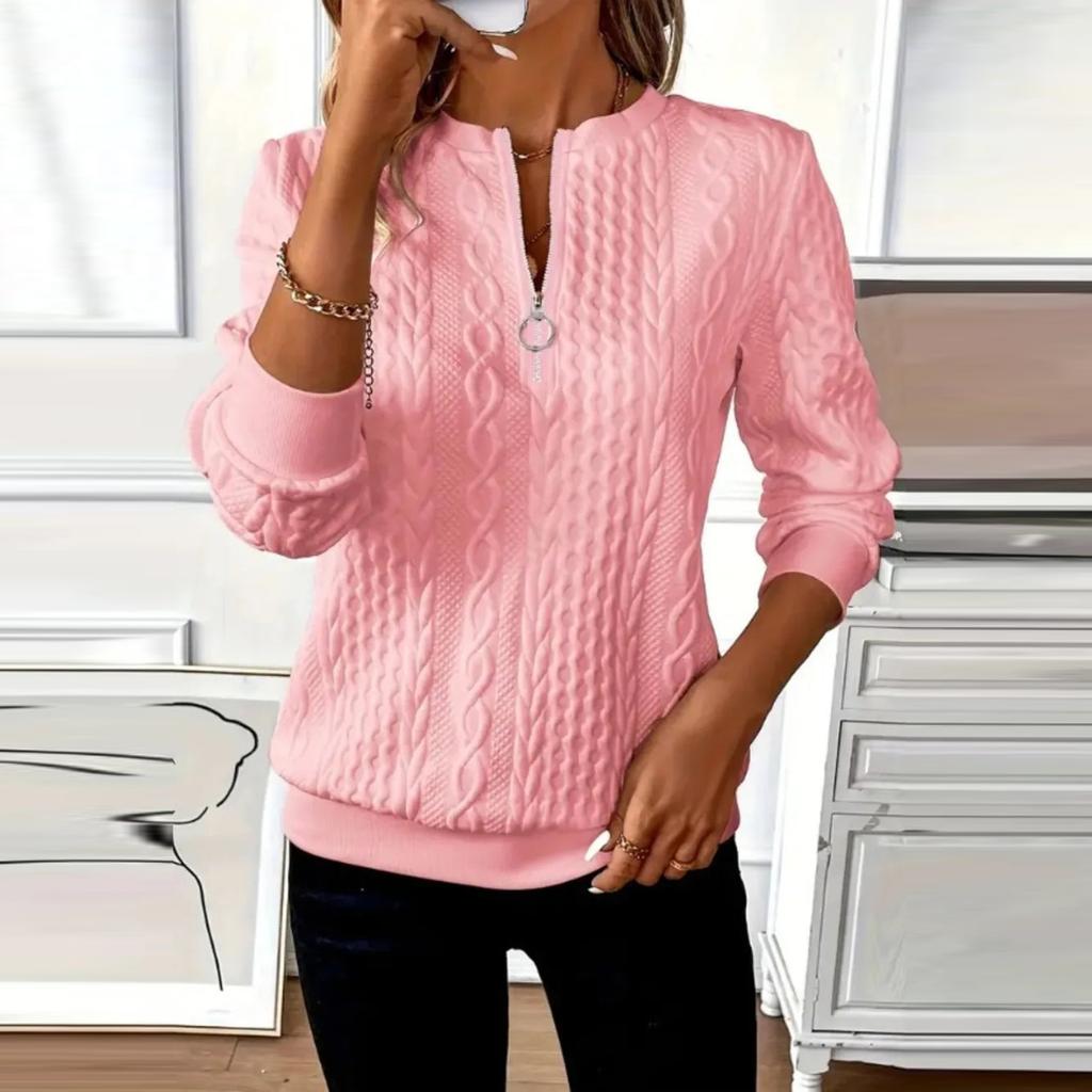Women's Fashion Long-Sleeved Solid-Colour Casual Pullover Slim-Fit Zipper Top