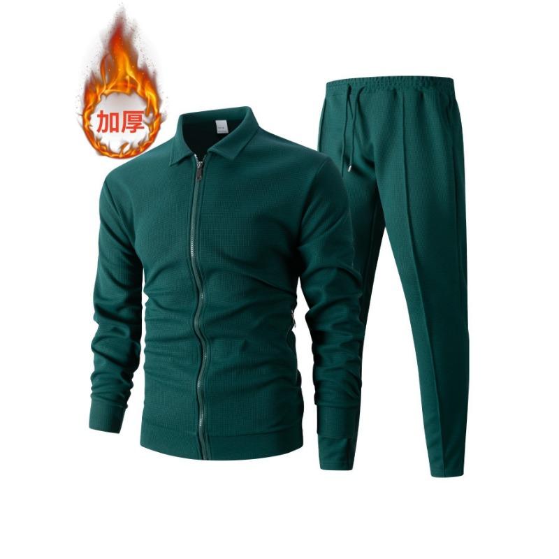 Men Waffle Texture Zipper Pocket Turn Down Collar Slim Fit Jacket Pants Set