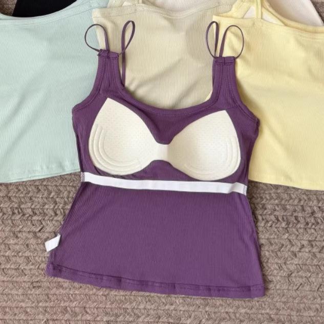 Korean Style Sexy Solid Color Padded Camisole with Double Shoulder Straps for Women - Comfortable One-Piece Inner Wear.