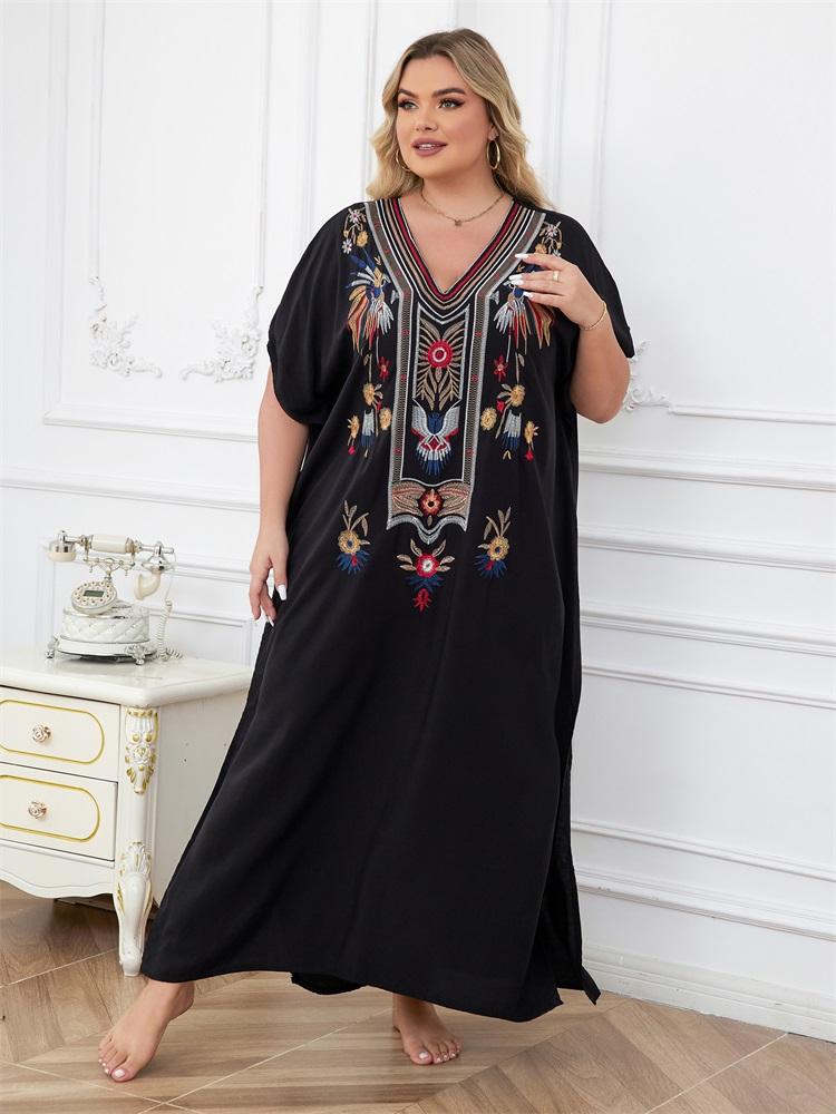 EDOLYNSA Schickes, lockeres Robenkleid im ethnischen Stil mit Stickereien 2024 für Damen, schwarzer V-Ausschnitt, Fledermausärmel, Kaftan, Urlaub, Strand, Bademode, Cover Up Q1688